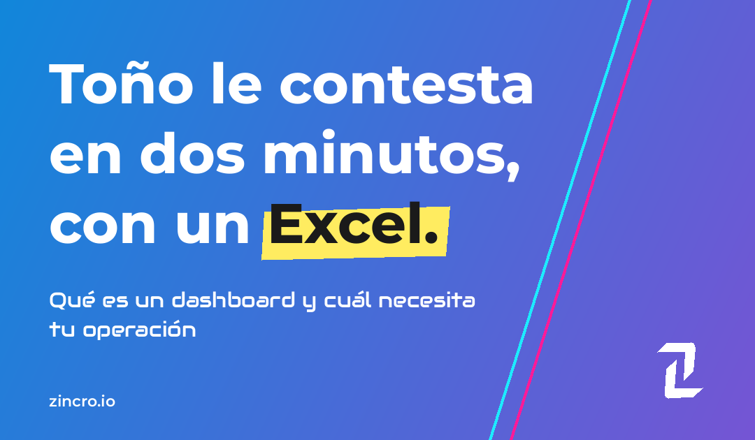 Frase "Toño le contesta en dos minutos, con un Excel" con la palabra Excel resaltada en amarillo sobre el degradado azul a violeta de Zincro.